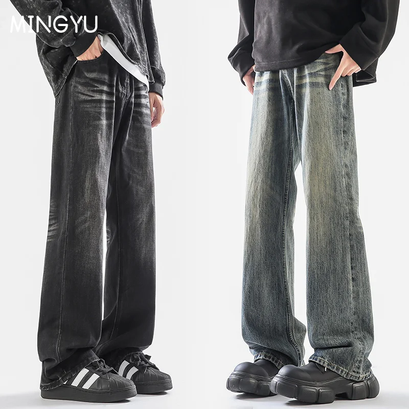 

American Style Retro Washed Baggy Flared Jeans Men High Street Casual Denim Pants Cotton Work Hip Hop Unique Streetwear Y2k