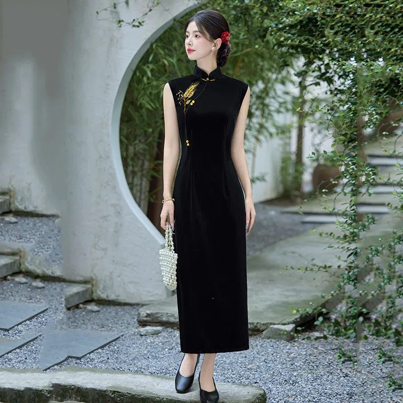 

Синий новый китайский стиль с длинным рукавом семь четвертей Cheongsam, улучшенное платье Ципао для молодых женщин в стиле ретро, весенне-осеннее платье