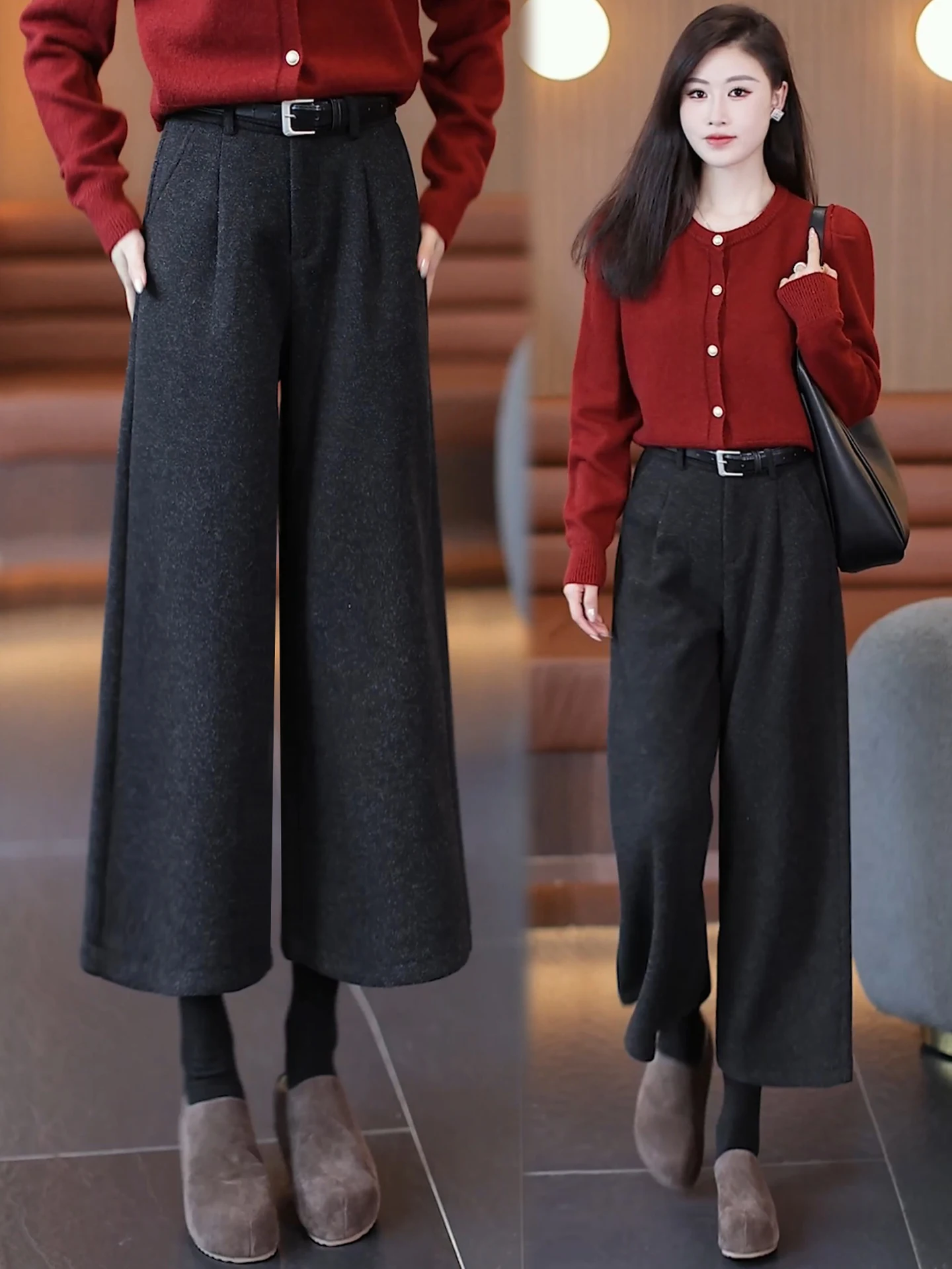 

Женские брюки с высокой талией и широкими штанинами, осенне-зимние, повседневные, свободные, прямого кроя, укороченные, шерстяные