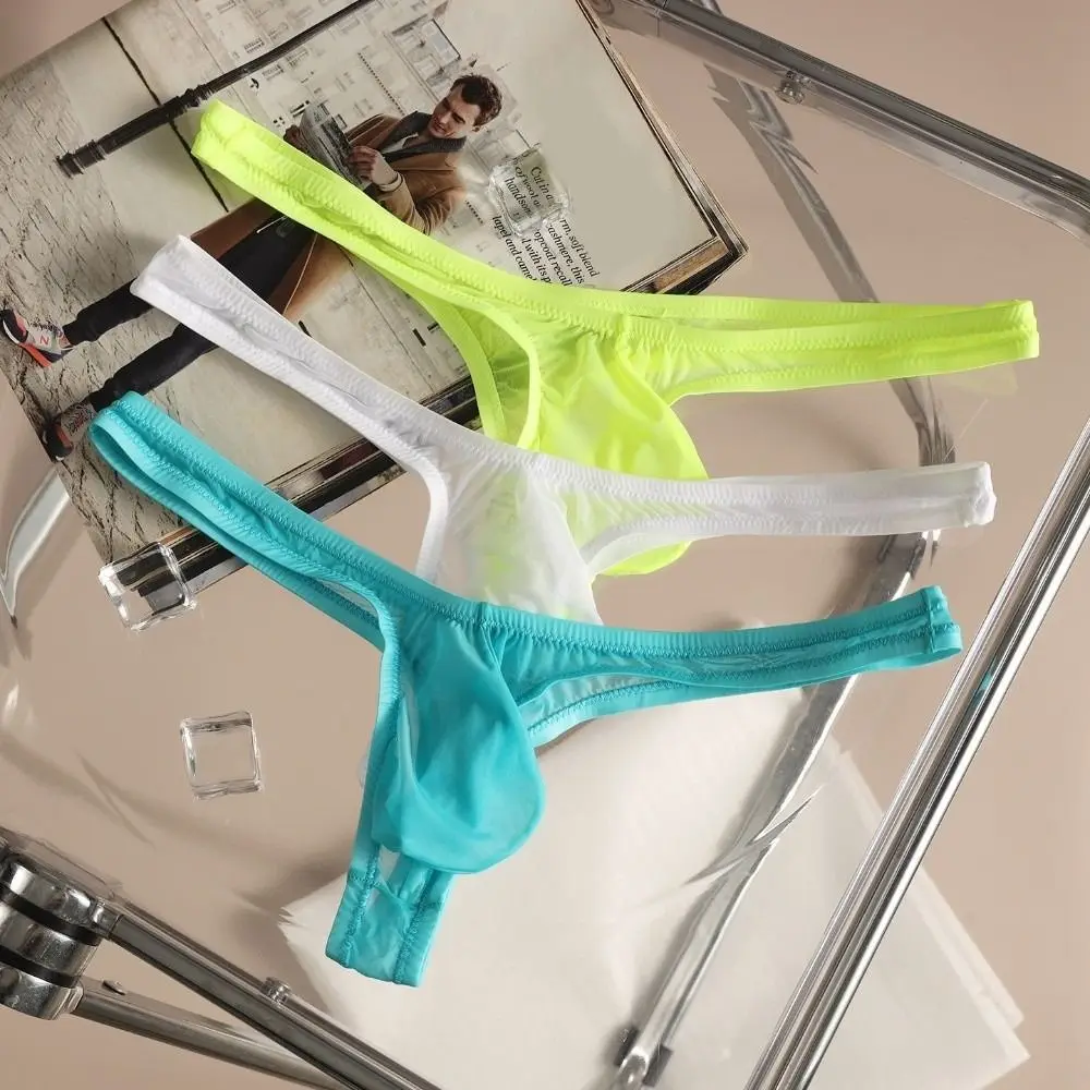 Soft Low Waist Ice Silk Thong Transparent Lingerie T-back Bikini Briefs Ultra-thin Seamless Men Mesh Panties Youth