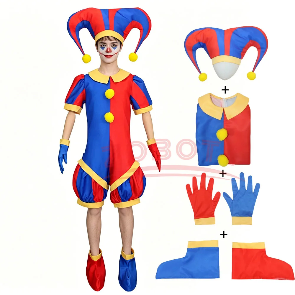 

6PCS Pomni Cosplay Costume With Hat Gloves Jumpsuit Halloween Cosplay Costumes Carnival Outfits Accessories Clown Party Suit
