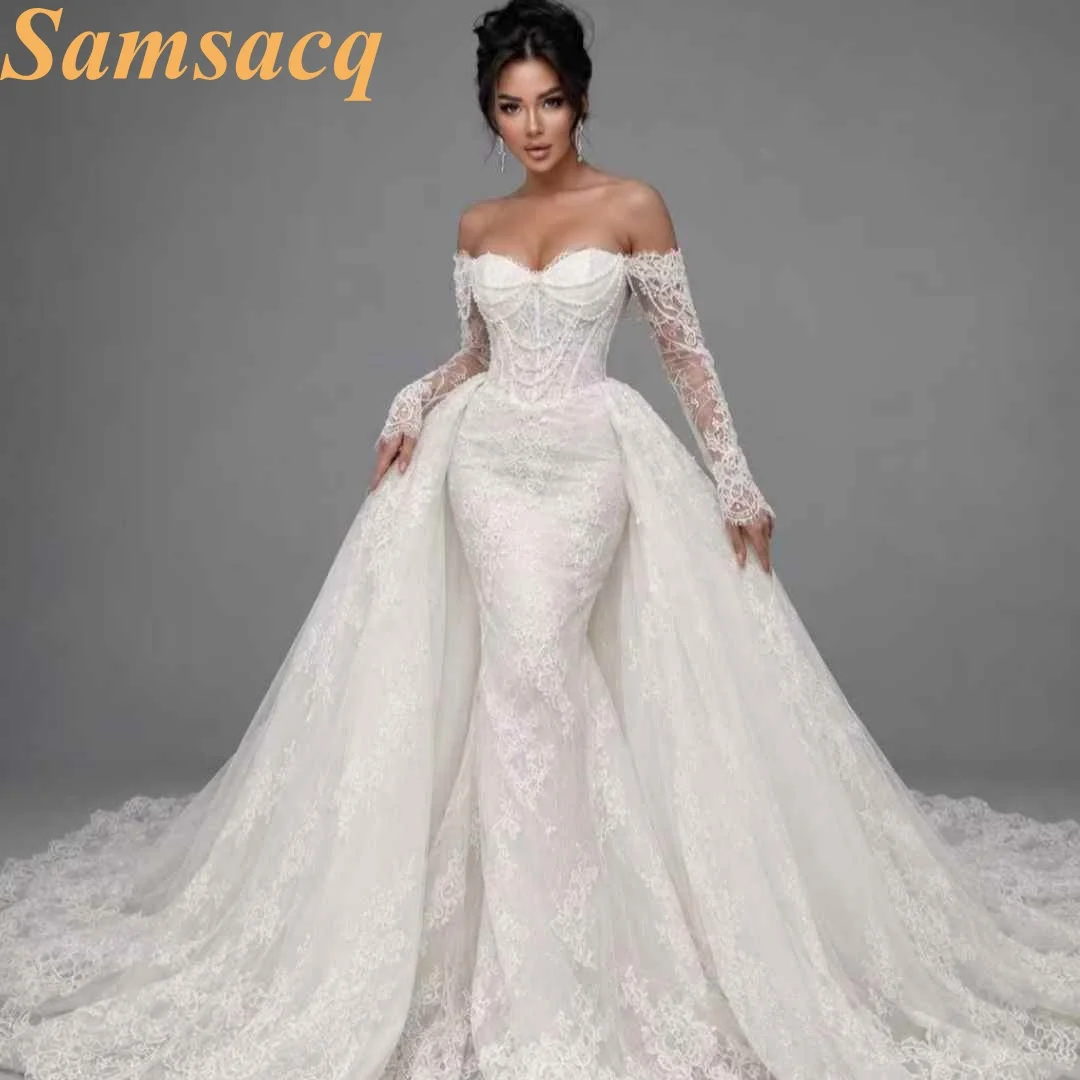Custom Off Shoulder Long Sleeve Mermaid Wedding Dress Detachable Overskirt Lace Bridal Gown Chapel Train Vestido De Novia