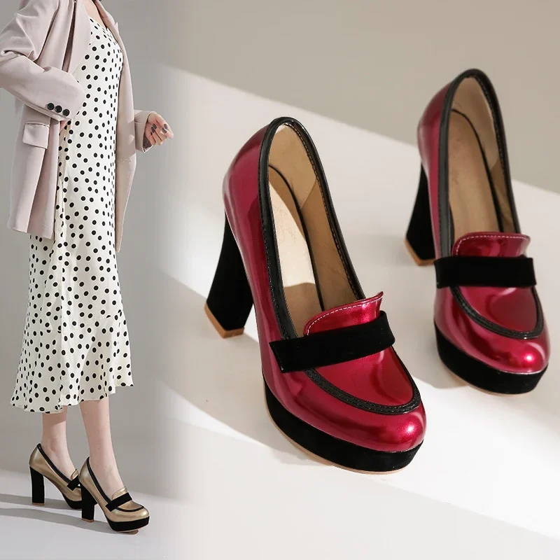Big Size Red Silver Women Platform Pumps High Chunky Heel Party Office Lady Chain Patent Leather Round Toe Slip On Dress Loafers view 2