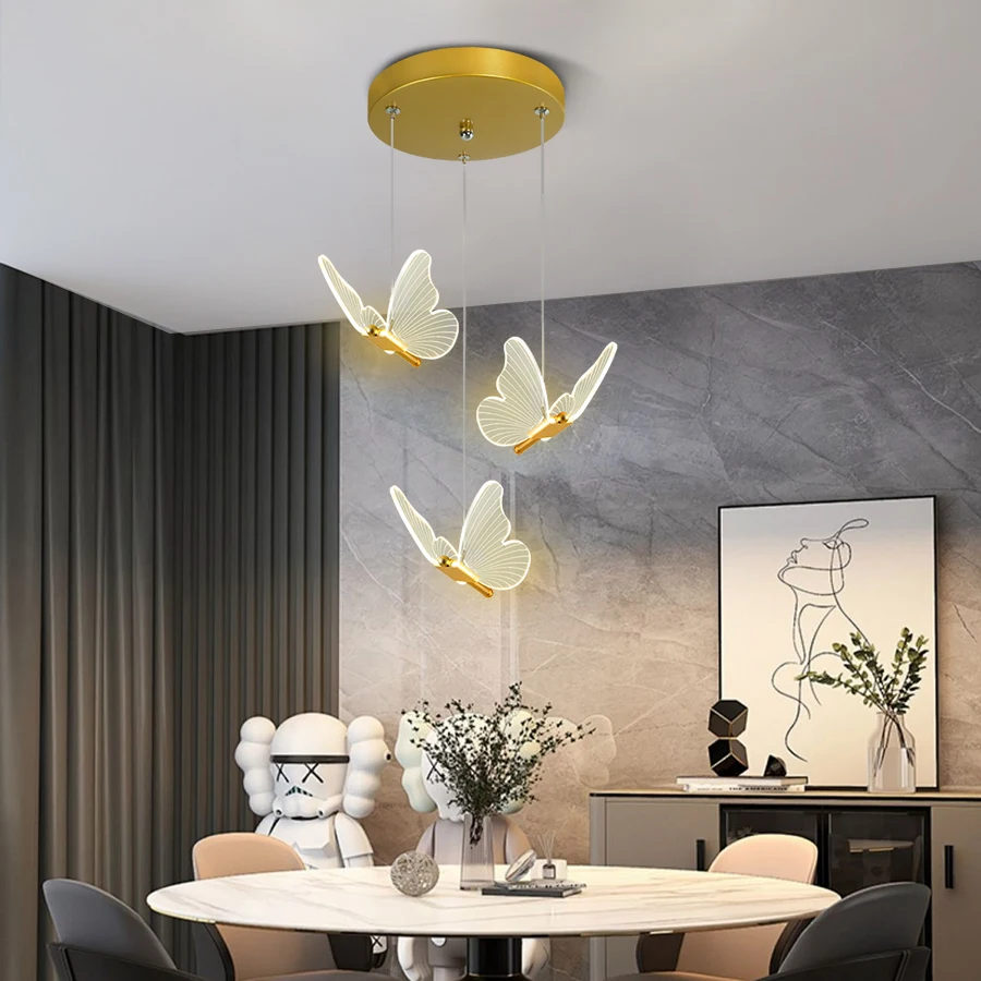 LED moderne trois têtes papillon suspension, chambre à coucher, salon, salle à manger, décoration de cuisine, luminaires d'intérieur