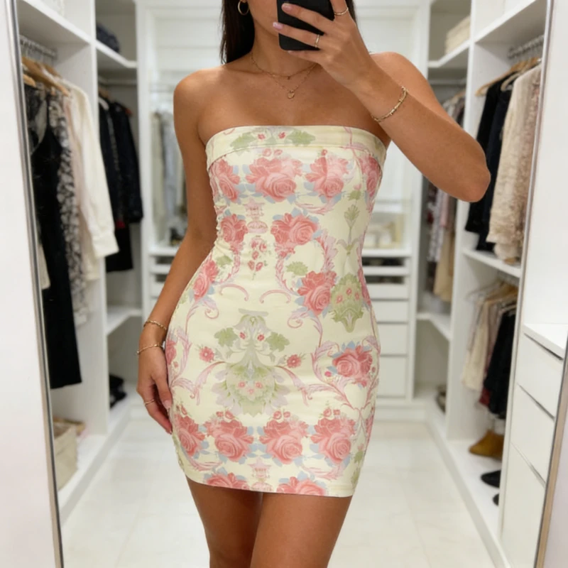 

New Summer Vintage Rose Pattern Strapless Dress Chic Sweet Floral Print Slim Fit Sexy Mini Dress 2026 Bodycon Dresses