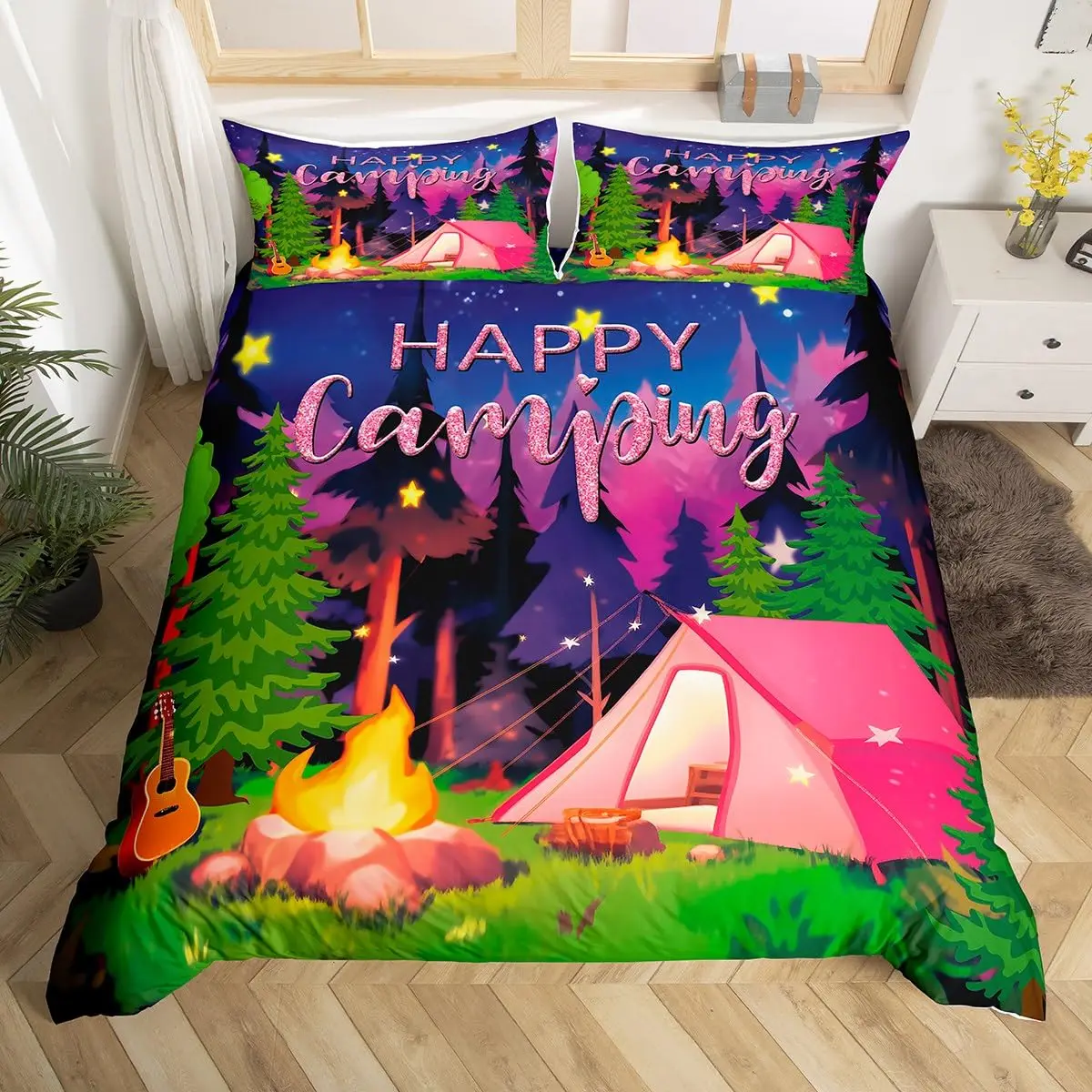 

Camper Theme Duvet Cover Set for Teens Adults Kids Queen Size Quilt Cover with 2 Pillowcase Bonfire Evening Bedding Set 3 Pieces