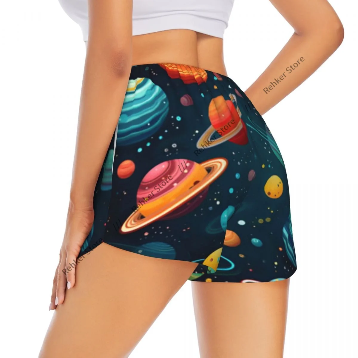 

Workout Shorts Women Fitness Quick Drying Double Layer Shorts Planets In Space And Stars Athletic Yoga Short Pants Gym Leggings