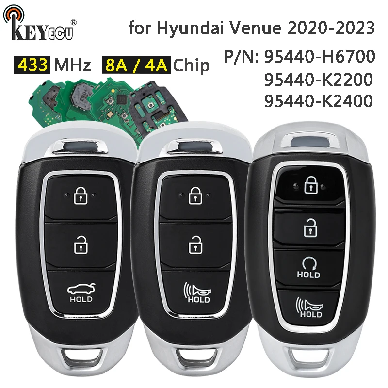 

KEYECU 433 МГц ID4A 6A Чип Артикул: 95440-H6700, 95440-K2200, 95440-K2400 Умный дистанционный брелок без ключа для Hyundai Venue 2020-2023