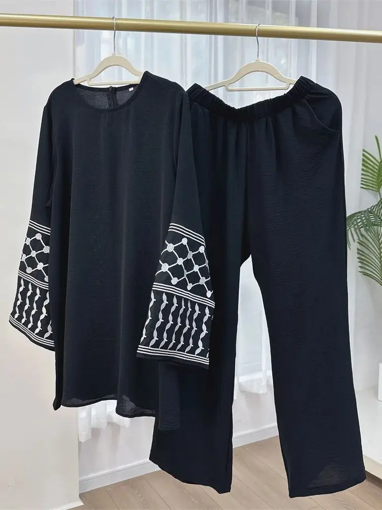 Eid Plain 2 pezzi Abaya Set top pantaloni modesti Set musulmani Abaya per abbigliamento donna Robe caftano Marocain Femme Musulmane caftano