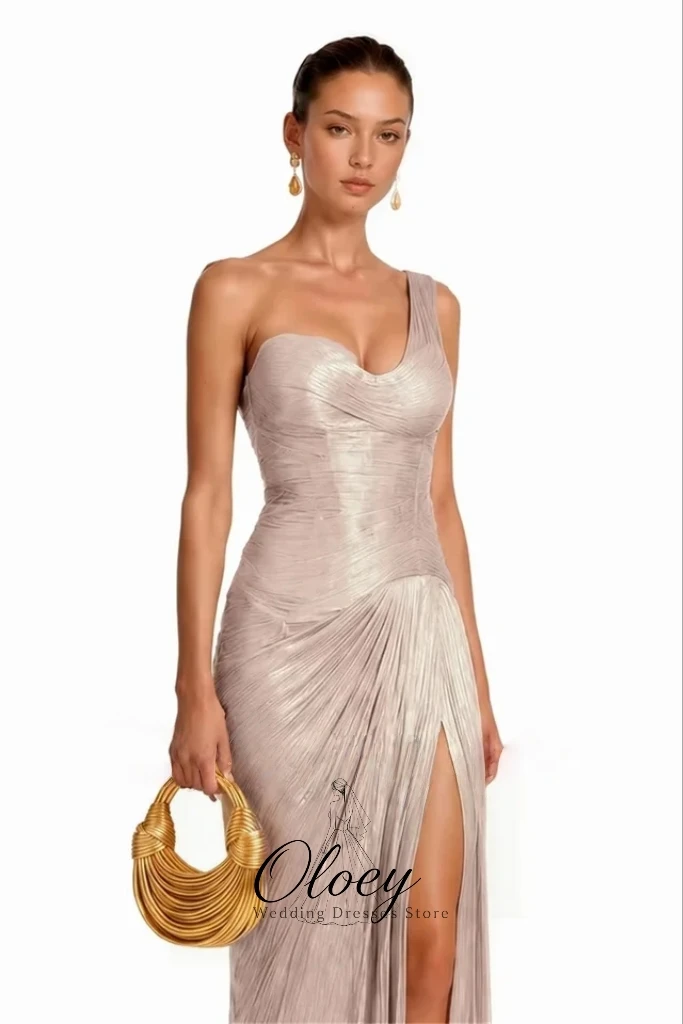 OLOEY Glamorous Champagne One Shoulder Sleeveless Evening Gown Dress Pleated Mermaid Side High Slit Party Dress Customized