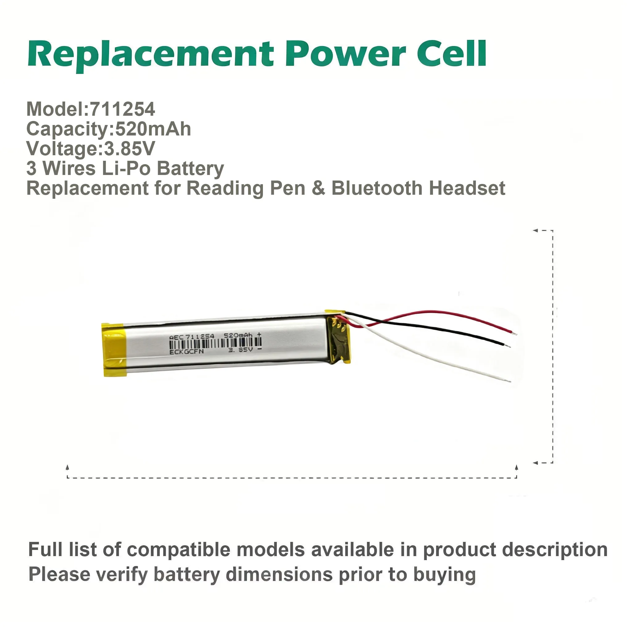 711254 Li-Polymer Battery 520mAh 3.85V 3 Wires Replacement Battery For Reading Pen Bluetooth Headset Portable Electronic Device