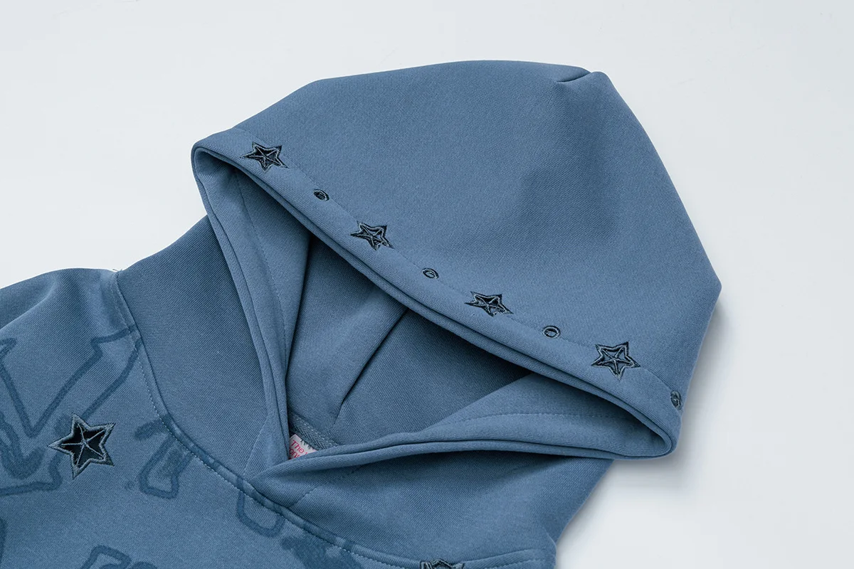 เสื้อฮู้ดวินเทจสไตล์อเมริกันย้อนยุคสำหรับผู้หญิงและผู้ชาย ลายปักดาว ดีไซน์เว้าหลวม ทรงหลวม สไตล์สตรีทแวร์สำหรับคู่รัก