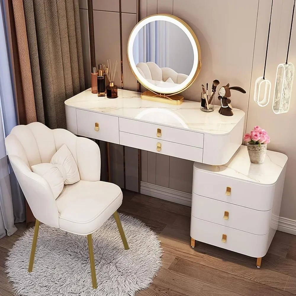 Makeup Vanity with Soft Chair with 3 Color Led Light Mirror for Modern Bedroom Solid Wood Makeup Gift ,Adjustable Dressing Table