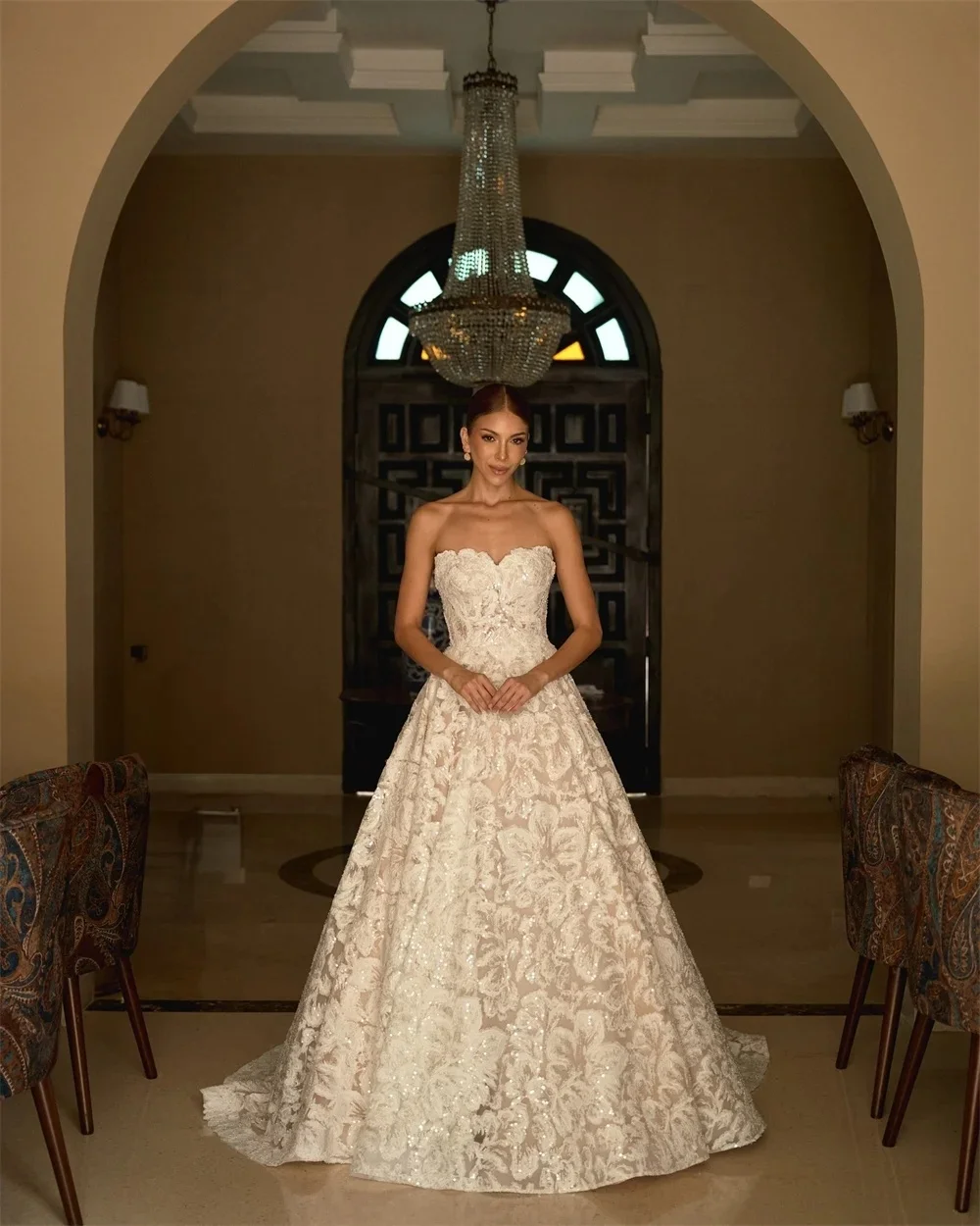 

White Floral Lace Strapless Wedding Dress, Glittering Elegant A-line Long Train Formal Gown, Customizable.