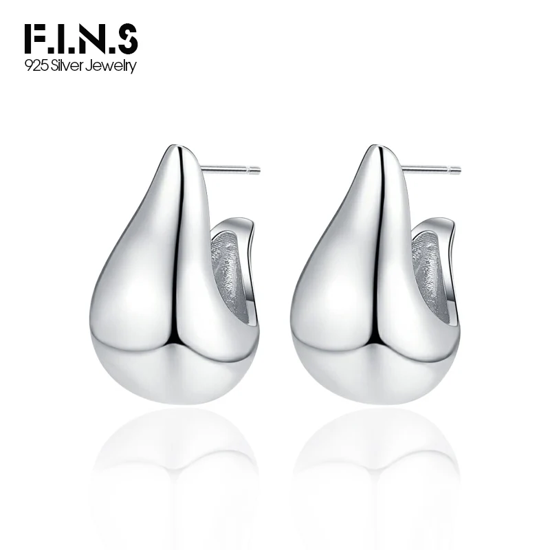 F.I.N.S Original 925 Sterling Silver Gold Glossy Waterdrop Stud Earrings Smooth Pierced Ear Minimalist Fine Jewelry Anti-Allergy