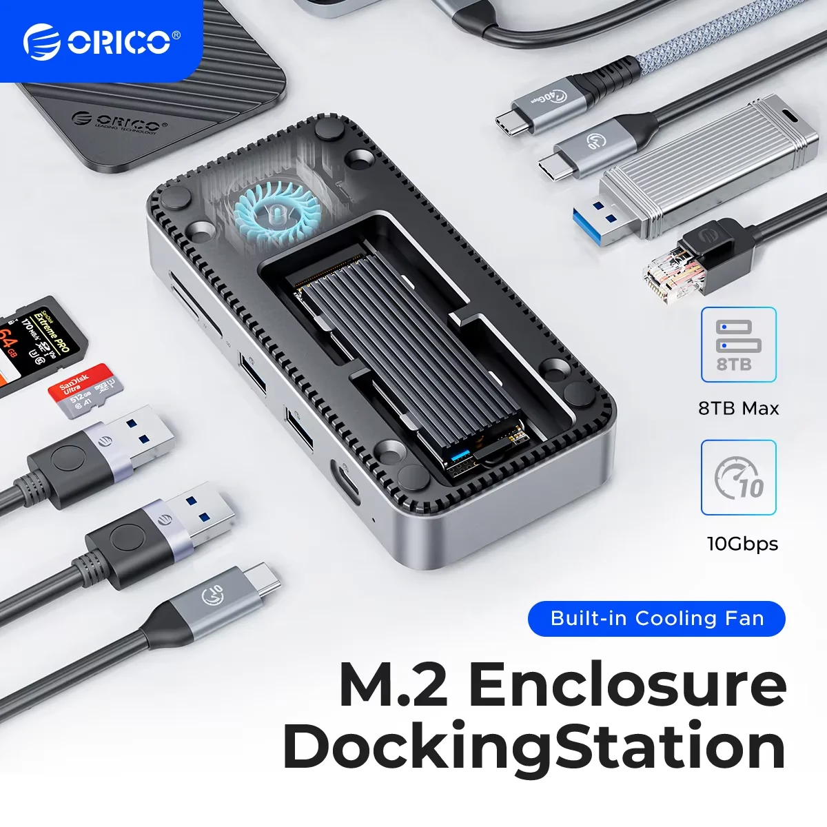 

ORICO M2P7 USB C HUB with Cooling Fan M.2 NVMe SATA SSD Enclosure External 10Gbps HDMI-Com RJ45 SDTF Docking Station
