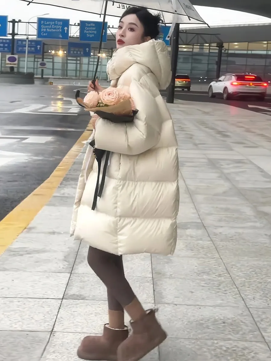 Koreańska kurtka puchowa z kapturem, średniej długości, damska, zimowa, nowa, luźna, typu puchowy płaszcz, odzież wierzchnia, długi płaszcz z zamkiem błyskawicznym.