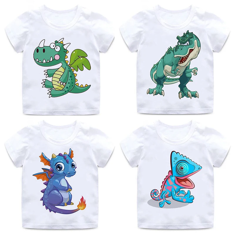 

Boys Dinosaur Print Birthday Shirts Girl Outfit Dinosaur Children's Summer White Top Clothing Set Clothes Children Clothing