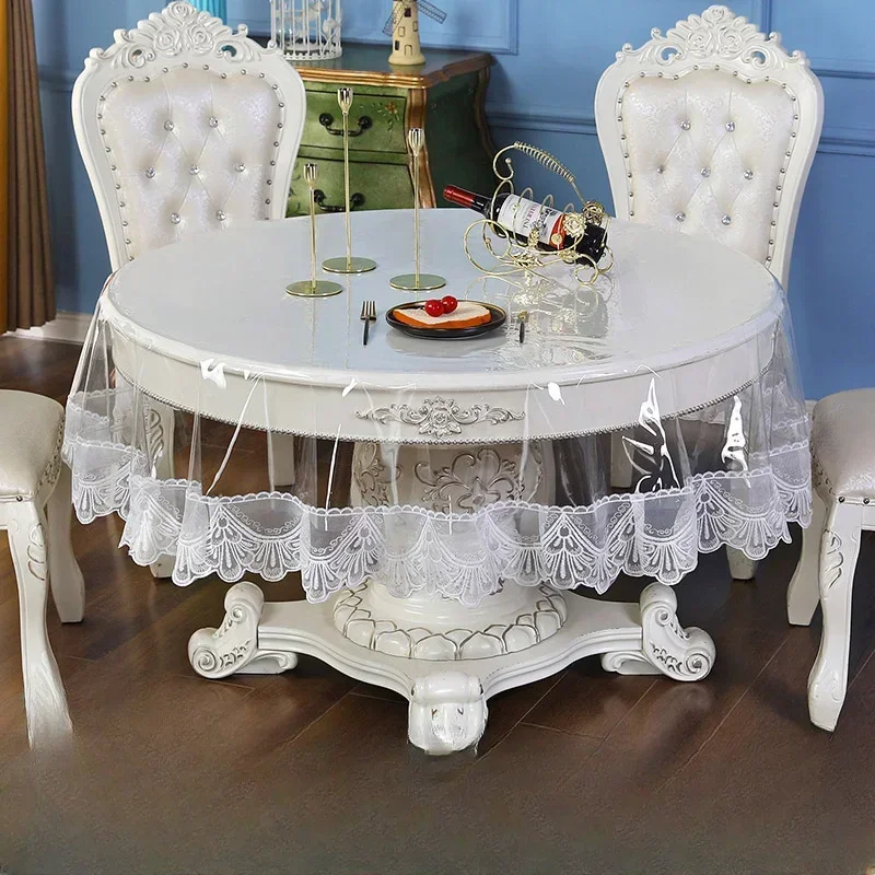 Transparent Soft Glass Round Tablecloth Handmade Lace Craft Desk Covers Waterproof WashFree Modern Anti Scalding Table Cover