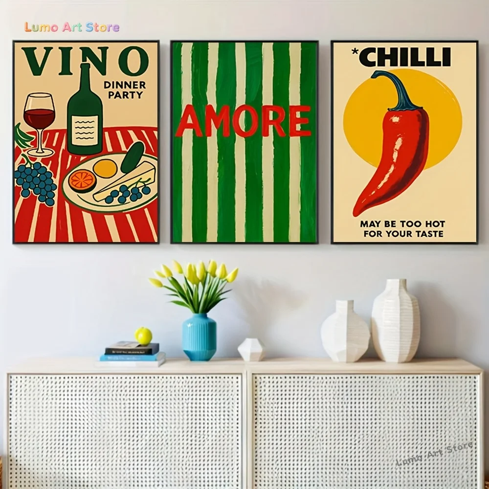 2D Flat, Set of Three Vintage Italian-Style Art Canvas Painting Featuring A Dinner Party Theme with Wine and Grapes, A Stripe