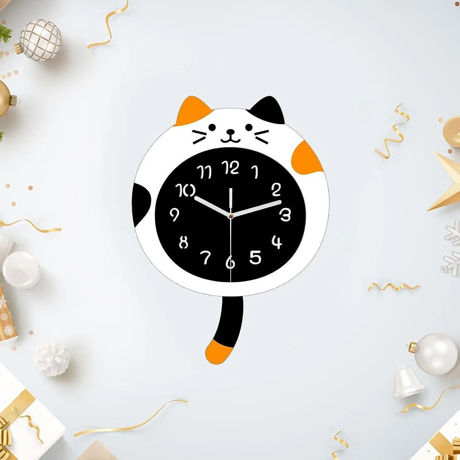 Cat Wall Clock with Tail Animal Collection Stylish Home Decor Wall Hanging Clock for Bathroom Classroom Office Living Room