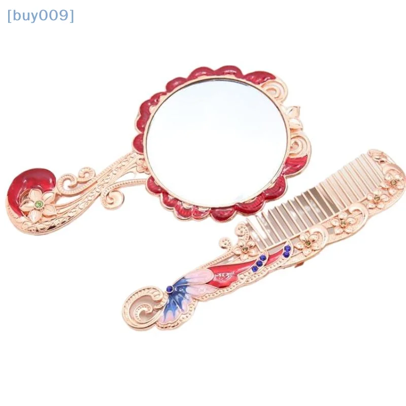 2 Pcs/Set Butterfly Painting Design Vanity Mirror And Comb Set Round Shape Embossed Metal Handheld