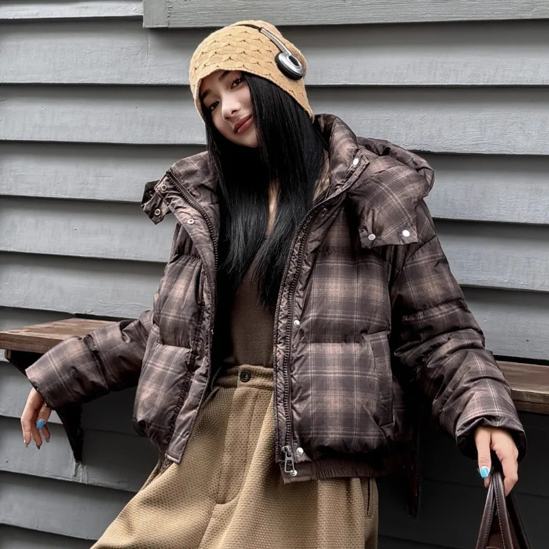 2025 Winter Fashion Women's Down Jacket Commuter Hoodie Plaid Short Jacket