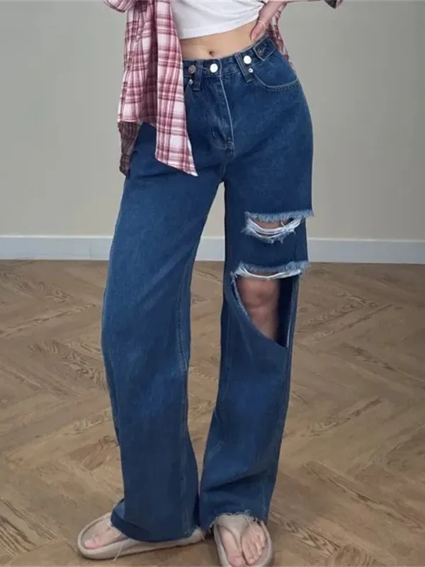 

Blue High Waist Wide Leg Jeans Women's Casual Torn Denim Pants Summer New Style Cotton Blend Comfortable Fit High Elasticity