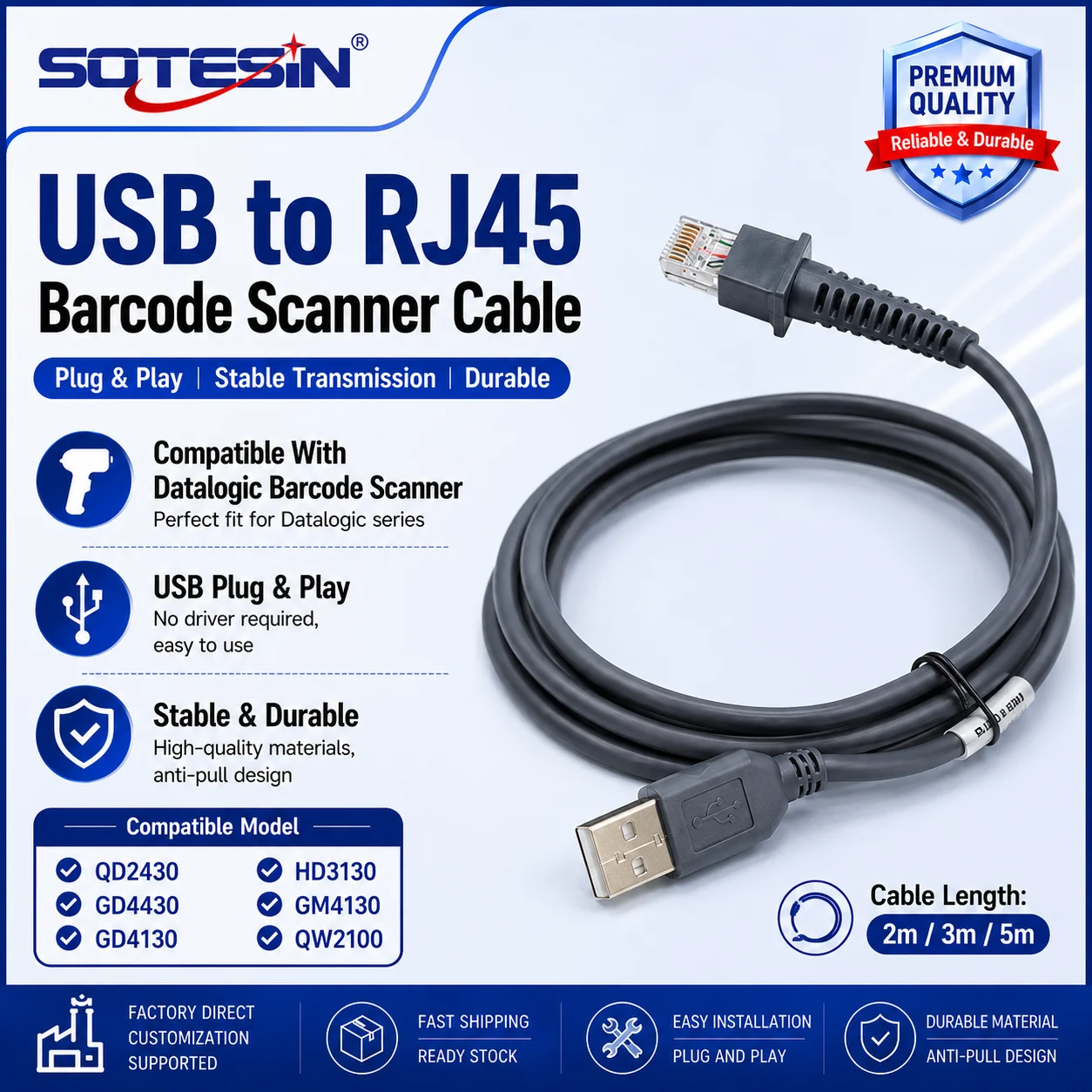 SOTESIN Pure Copper USB to RJ50 Barcode QR Code Reader Scanner Cable With Chip for Datalogic GD4430 GD4130 HD3130 GM4100 QD2131