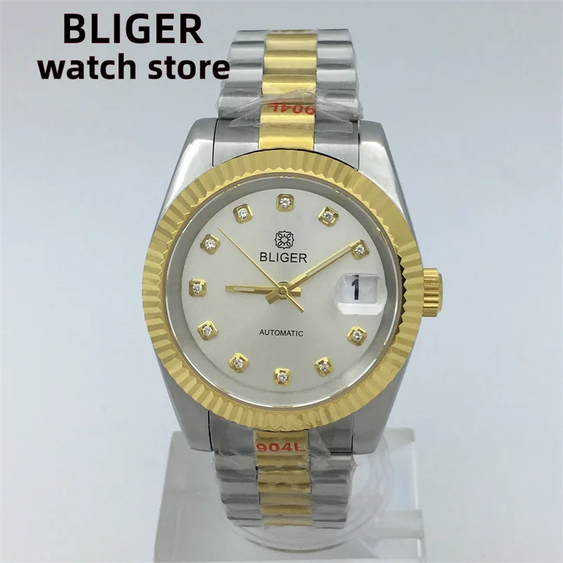 

BLIGER Men's Watch NH35A Automatic Movement Gold Slotted Bezel White Green Black Blue dial Sapphire Glass President Bracelet