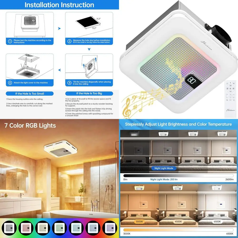 

Bluetooth-Enabled 230V 1.0 Sone Bathroom Exhaust Fan with Light, 7 LED Colors, 3 Temperatures, Nightlight, Remote Control, Easy