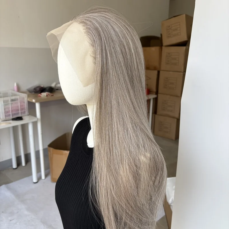 Synthetic Hair Heat Resistant Mix Grey Layered Long Straight Lace Frontal Wigs