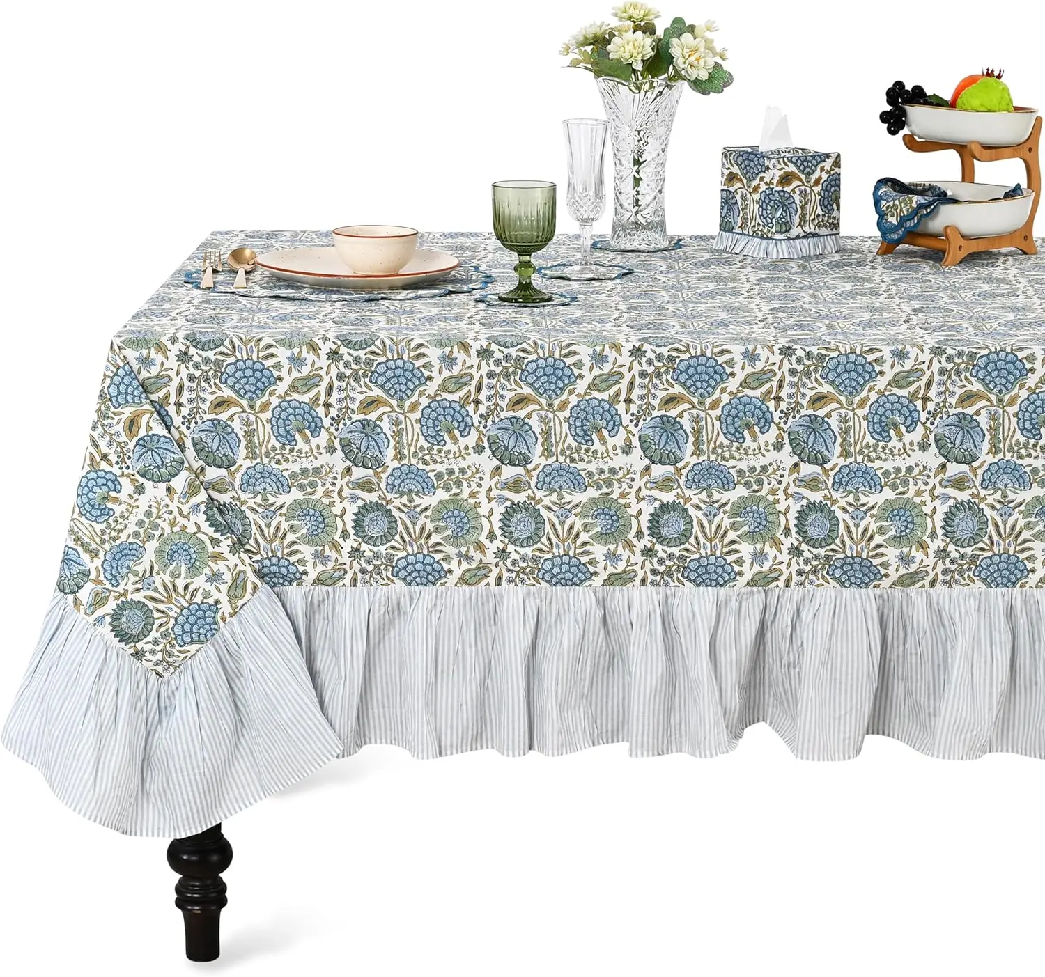 Mantel de Algodón 100% Verde Espárrago con Estampado de Bloques y Volantes, Cubierta de Mesa Cuadrada Floral de 60x60 - Elegante Decoración Vintage Shabby Chic para el Hogar, Bodas, Cocina, Casa de Campo, Jardín, Regalo Festivo