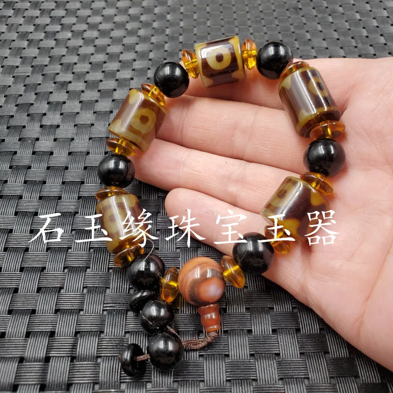 Shi Yuyuan Jade Agate Bead Barrel Bead Bracelet Three Eye Bead Bead Bracelet Jade Bracelet Jade Hand String