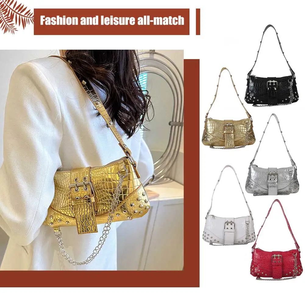 

Women Fashion Underarm Bag Gothic Armpit Bag Cool Style Trendy Rock Girls Handbag Y2K Rivet Chain for Travel Vacation Daily