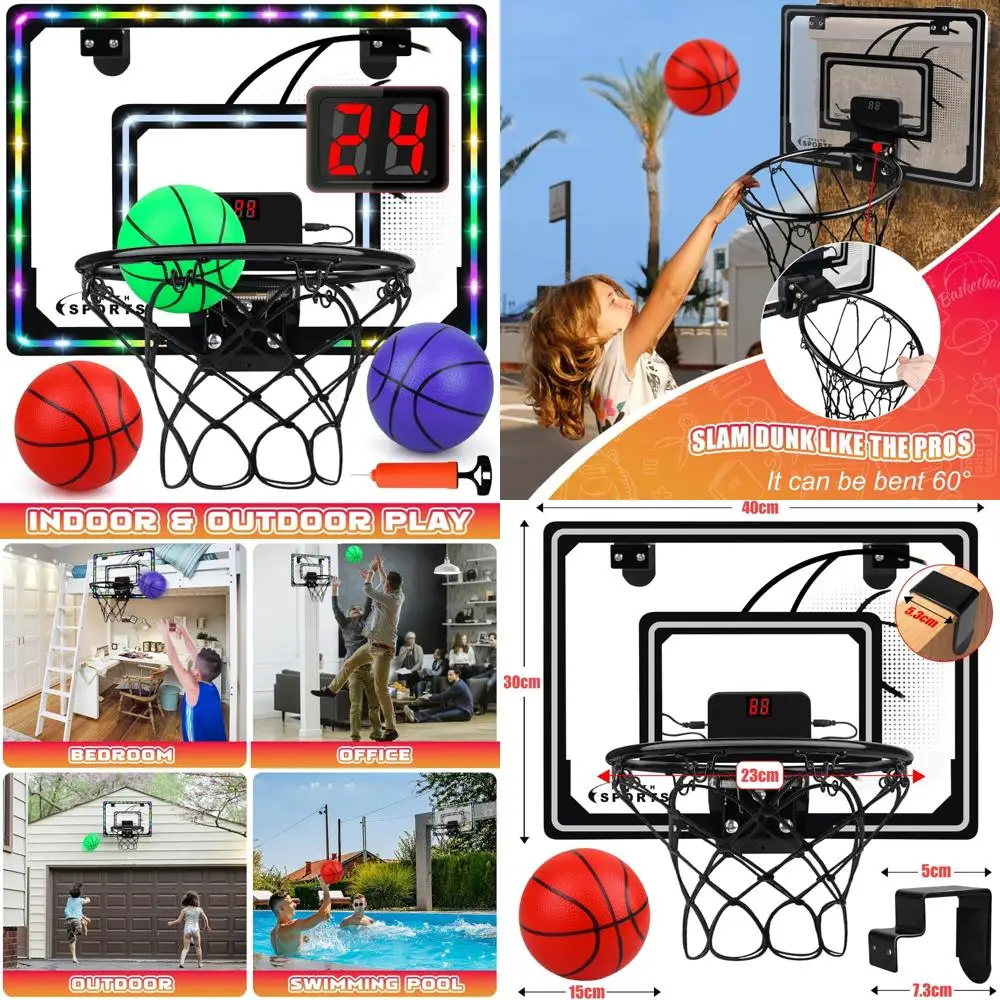 

Indoor Kids Basketball Hoop with LED Light, 3 Balls, and Electronic Scoreboard - Over the Door Mini Basketball Game