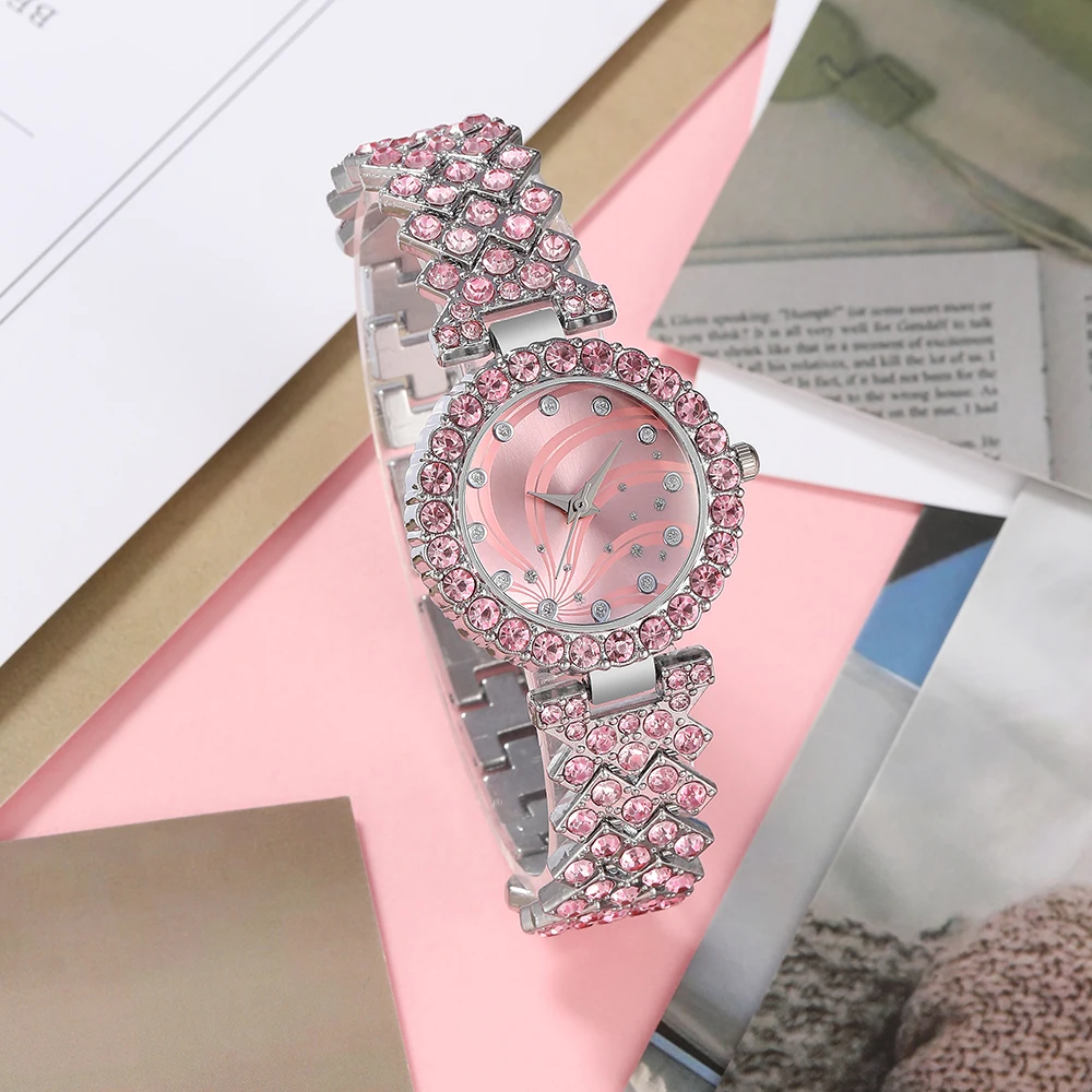 4pcs Women\'s Watch Set Full of Diamond Luxury Fashion Casual Quartz Watch Earrings Necklace Watch Set