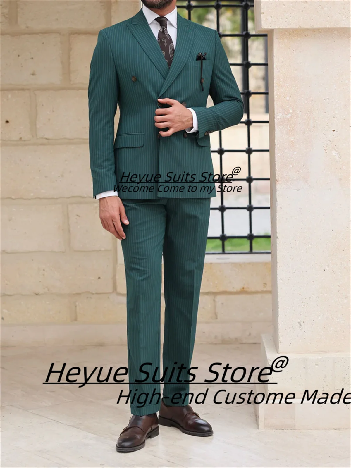 

Business Green Stripe Men Suits Slim Fit Double Breasted Groom Wedding Tuxedos 2 Pieces Sets Handsome Male Blazer Costume Homme