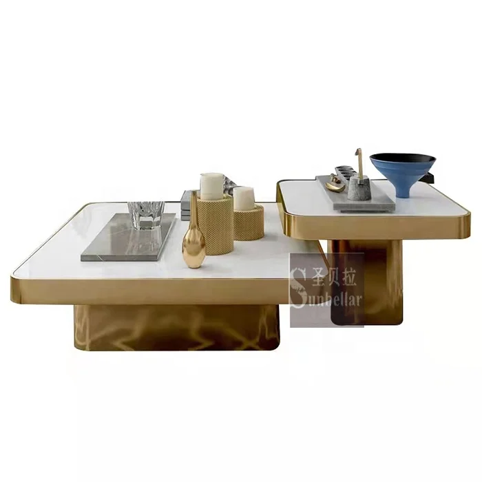 Customization Marble Top Stainless Steel Coffee Table Sets of 2 Living Room square Black Marble Top Luxury Center Table Set