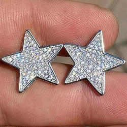 Huitan Chic Stars Stud Earrings for Party Full CZ Bling Bling Five-pointed Star Earrings Silver Color Trendy Jewelry for Women