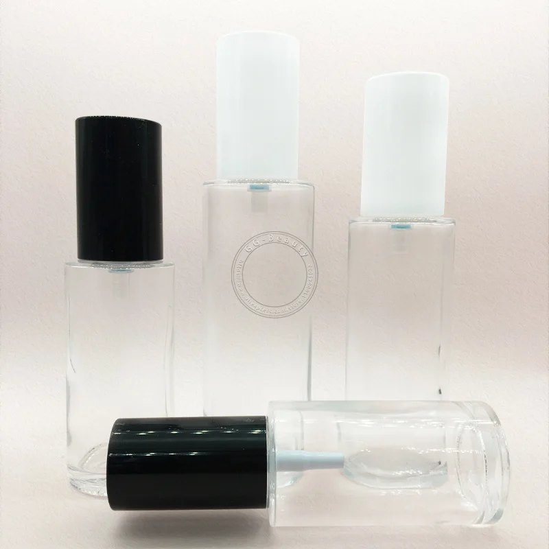 20ml to 120ml Clear Glass Bottles with Black White Plastic Lid Women Perfume Cosmetics Argan Oil Jars Vials Lotion Pump Bottle