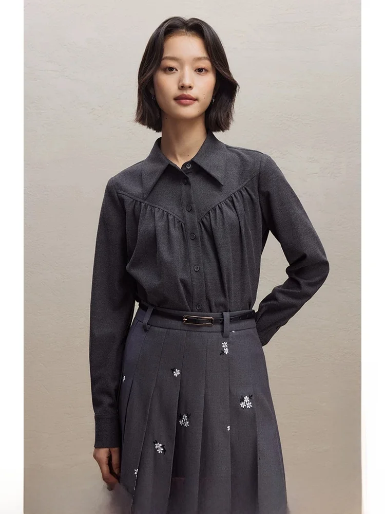 

Casual Vintage Pleated Shirt Women's Autumn Winter New Style Versatile Top Self-Craft Polyester Blend Long Sleeve Button down
