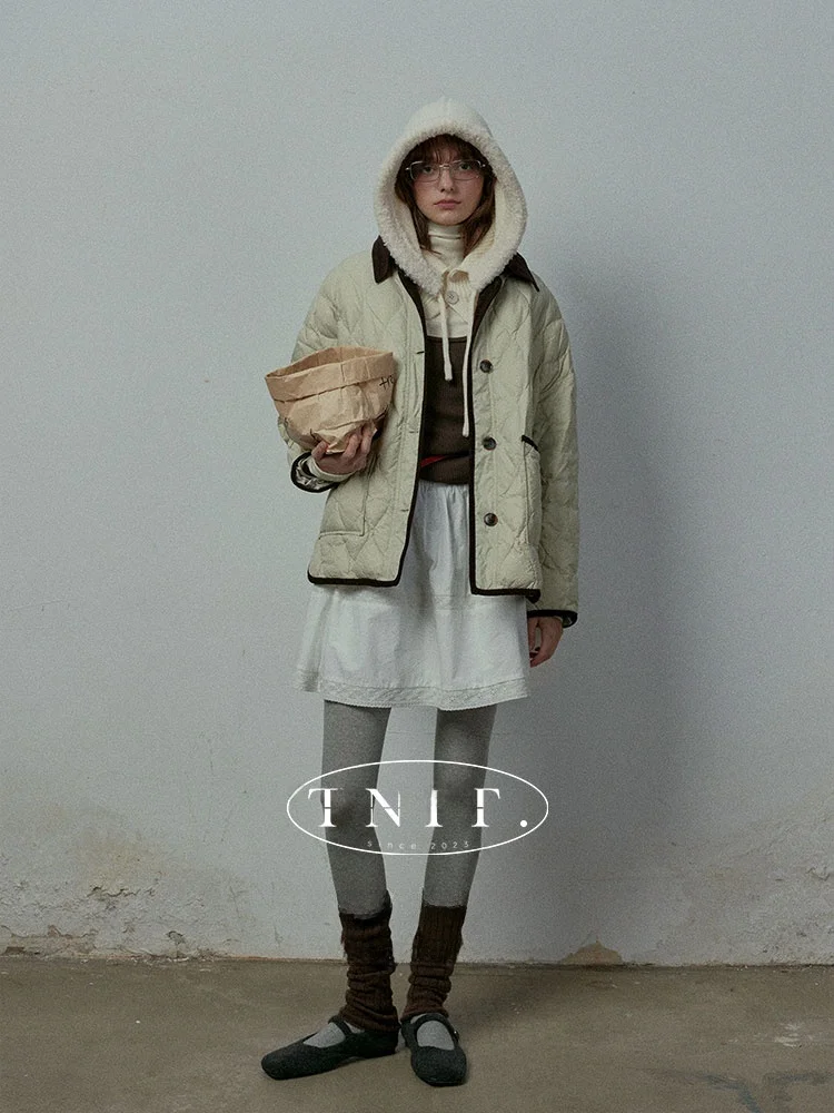 

TNIT White Du down Lightweight Quilted Corduroy Collar Women's ort Sle Winter Jaet Retro Color Blo Coat