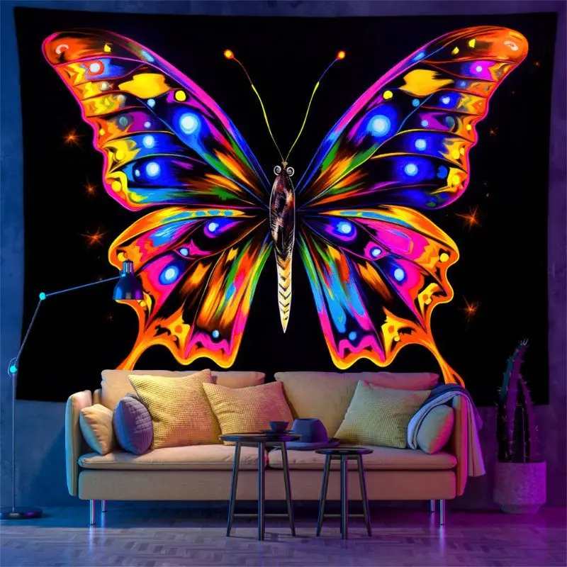 VIKAMA Colorful Butterfly Flower Fluorescent Tapestry psychedelic Neon Atmosphere Wall Hanging Bedroom Dormitory Home Decoration