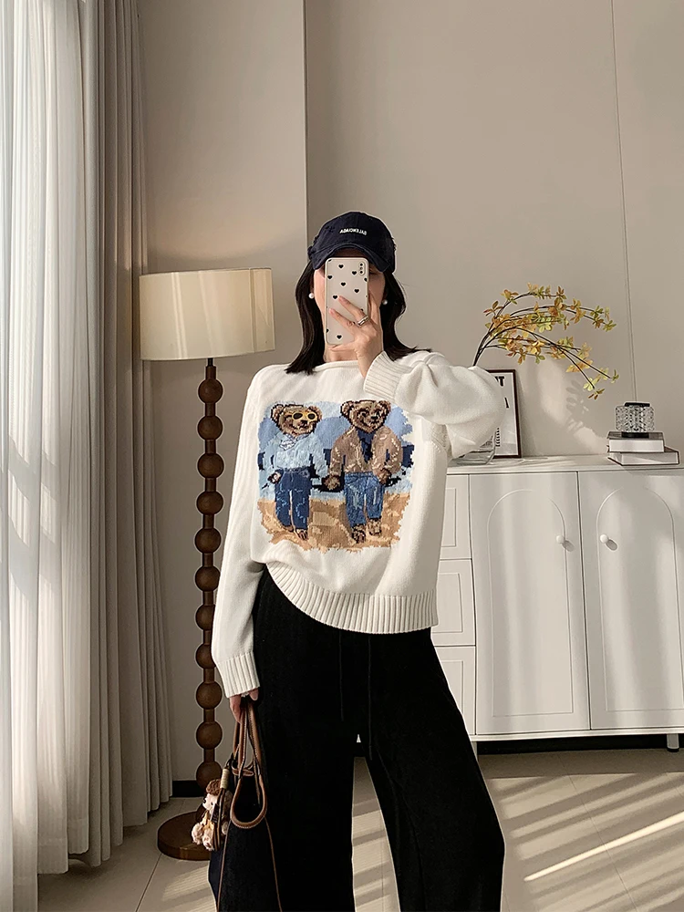 

Retro Bear Embroidery round Ne Pure Cotton Knitted Sweater Women's Winter Overhead Sweater Comfortable Warm Long Sve