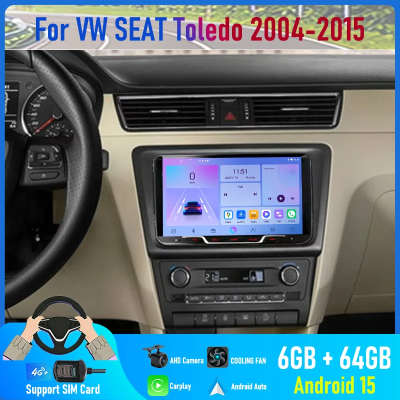 9'' For VW SEAT Toledo 2004-2015 Car Radio  with 4G SIM Carplay Android Auto GPS Steering Wheel Control 2DIN Google Map Head Uni
