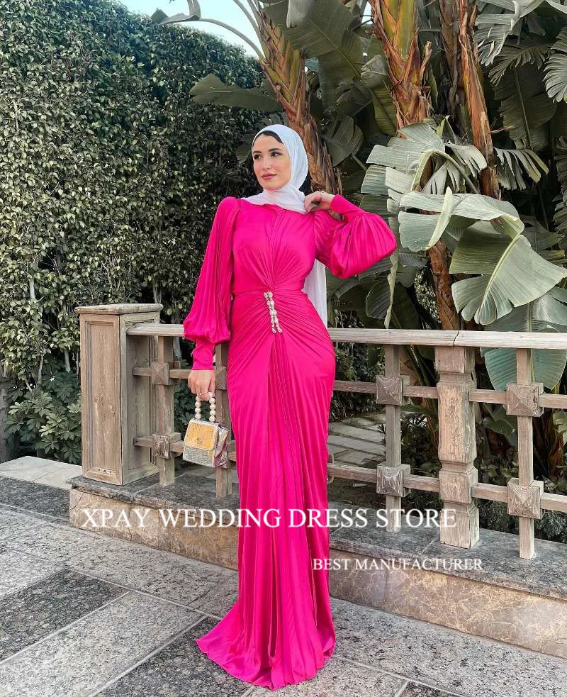 XPAY Modest Fuschia Muslim Arabic Women Evening Dresses Long Sleeves O-Neck Dubai Formal Occasion Party Dress Wedding Guest