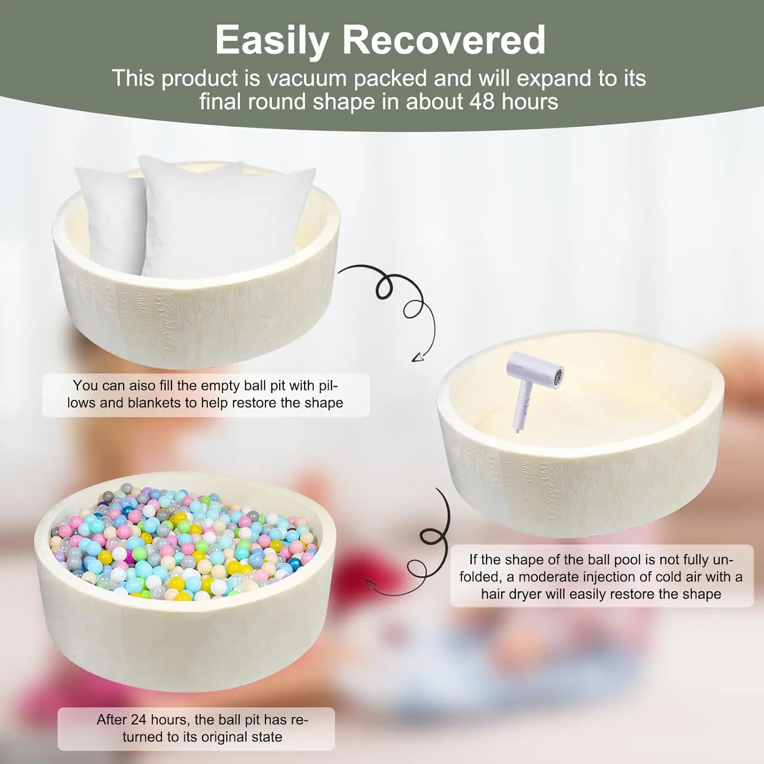 Pozzo per palline in schiuma per bambini piccoli, pozzo per palline rotondo extra large da 47,2 x 13,8 pollici senza palline, box per piscina per bambini in morbido pile di corallo