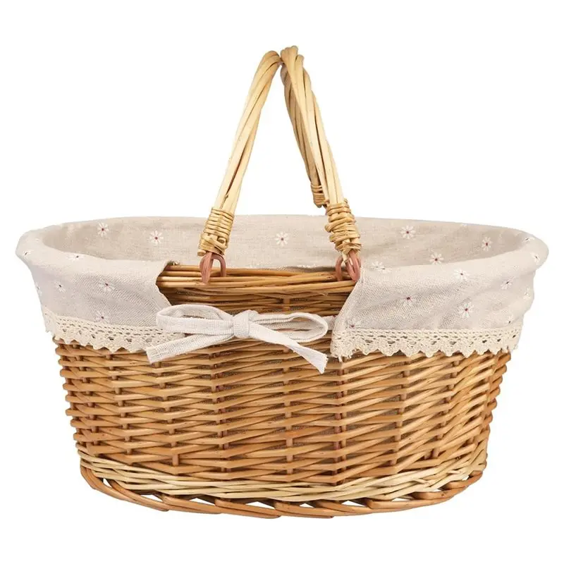 Плетеная корзина ABKY-Wicker, большая, многофункциональная, с ручкой, овальная, из ивы, пустая, для подарков и пикников, с вкладышем