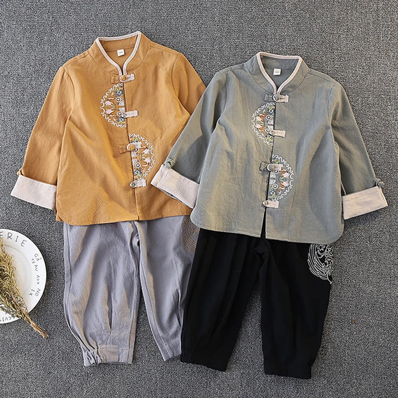 3Colors Chinese Traditional Clothing For Boys Confucius Hanfu Embroidery Tang Suit New Year Outfit Short Sleeve Summer